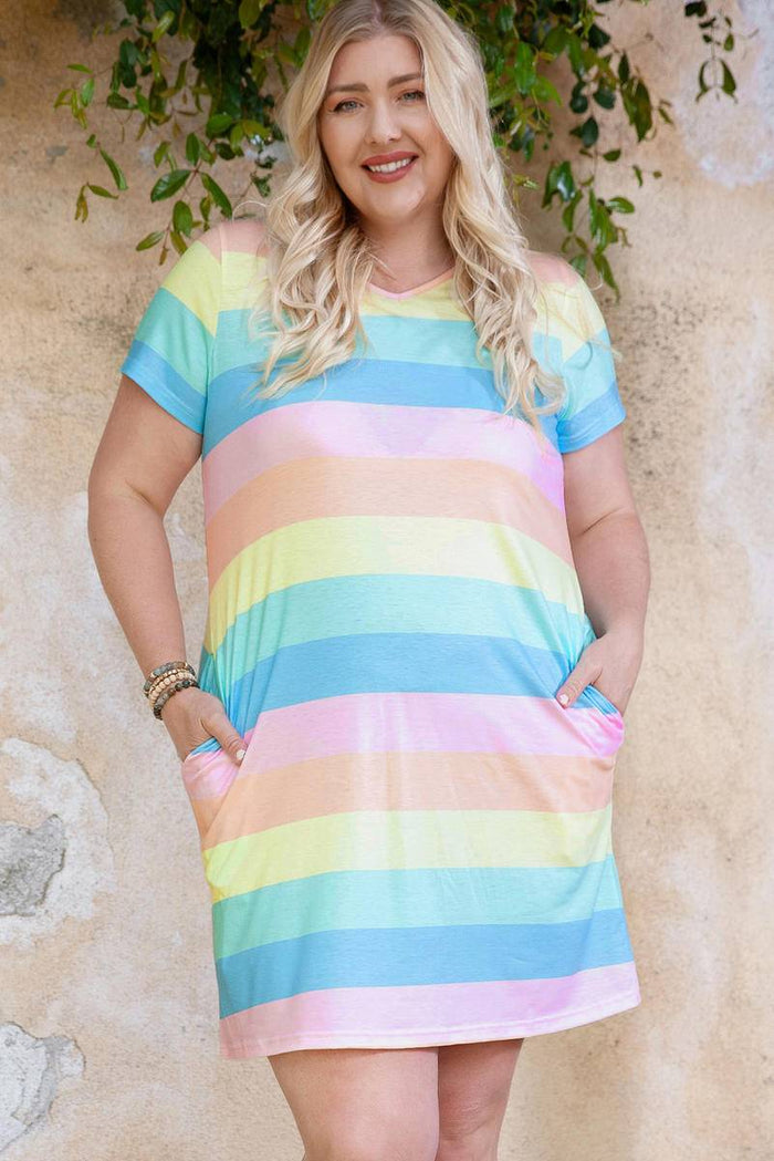 Multicolor Colorblock Pocketed V Neck T-Shirt Dress