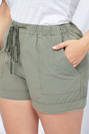 Solid Plus Size Elastic Waist Drawstring Pocket Shorts