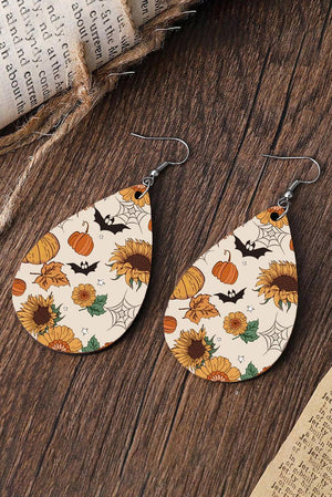 Hollowed Pumpkin Sunflower Bat Print Hook Earrings