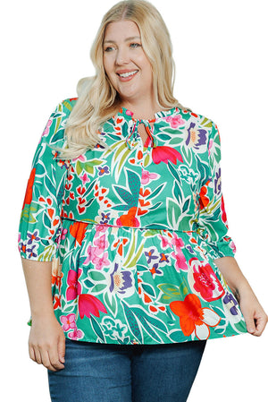 Floral Tie Split Neck Plus Size Blouse