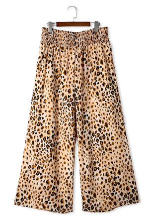 Plus Size Leopard Smoked High Waist Wide Leg Pants