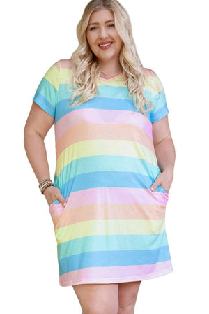 Multicolor Colorblock Pocketed V Neck T-Shirt Dress