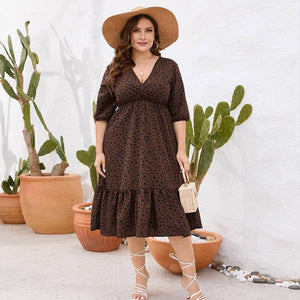 Plus Size Leopard V-neck Balloon Sleeve Dress