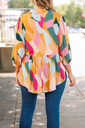 Plus Size Geometric Print Bracelet Sleeve Flowy Blouse