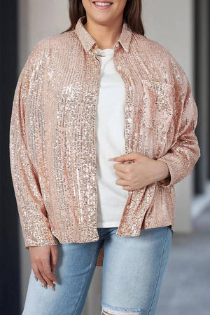 Sequin Long Sleeve Button-Up Plus Size Shirt