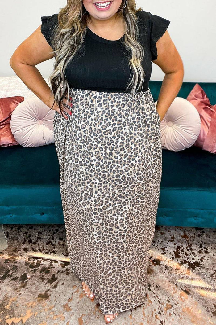 Plus Size Rib Leopard Short Sleeve Maxi Dress