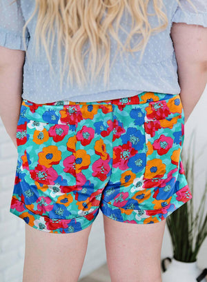 Plus Size Abstract Floral Print Drawstring Shorts