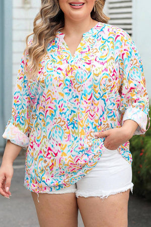 Plus Size Geometric Print Notched V-Neck Blouse