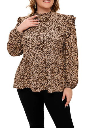 Leopard Frilled Shoulder Decor Plus Size Babydoll Top