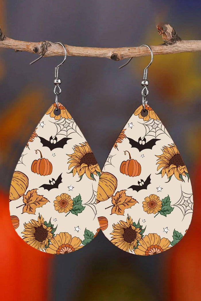 Hollowed Pumpkin Sunflower Bat Print Hook Earrings