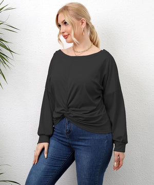 Plus Size Solid Round Neck Twisted Hem Long Sleeve T-Shirt