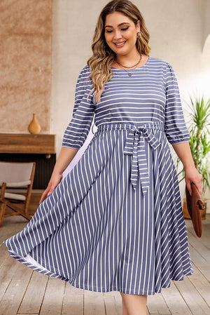 Striped Tie Waist 3/4 Sleeve Plus Size Dress