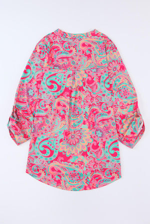 Plus Size Paisley Print V Neck Roll Tab Sleeve Blouse