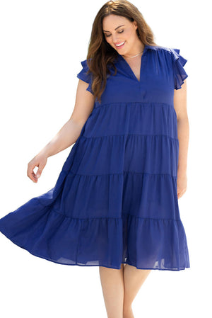 Blue Plus Size Ruffled Tiered A-Line Midi Dress