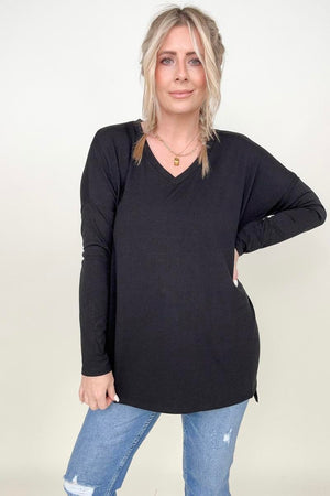 Zenana Solid Dolman Sleeve V Neck Top With Side Slits