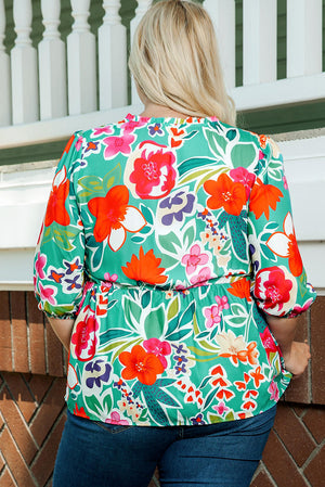 Floral Tie Split Neck Plus Size Blouse