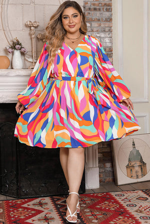 Plus Size Abstract Print Oversized Sleeve Belted Dress