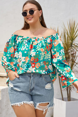 Floral Print Frilled Off Shoulder Plus Size Blouse