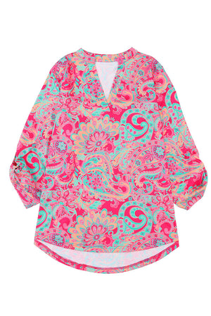 Plus Size Paisley Print V Neck Roll Tab Sleeve Blouse