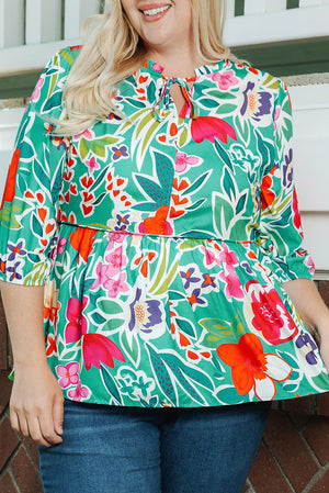 Floral Tie Split Neck Plus Size Blouse