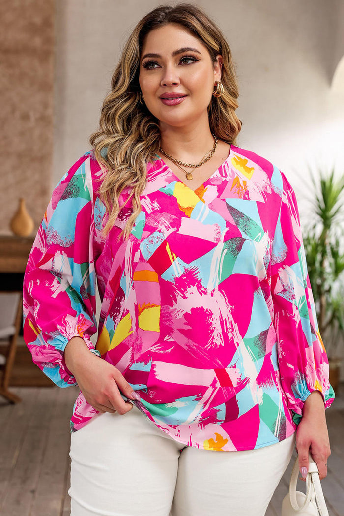 Plus Size Graffiti Print Puff Sleeve Blouse