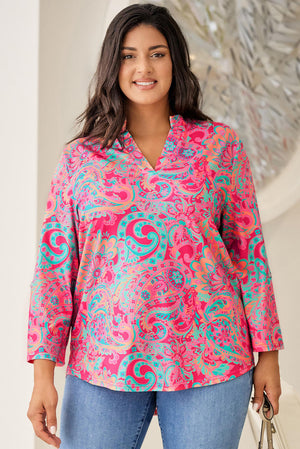 Plus Size Paisley Print V Neck Roll Tab Sleeve Blouse