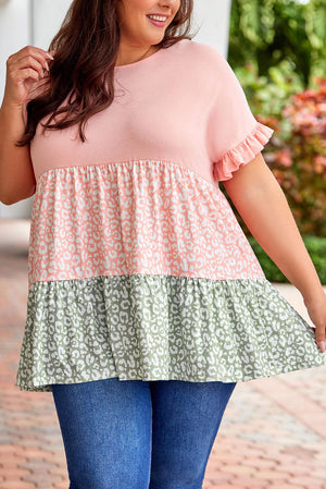 Ruffled Short Sleeve Leopard Splicing Flowy Plus Size Top