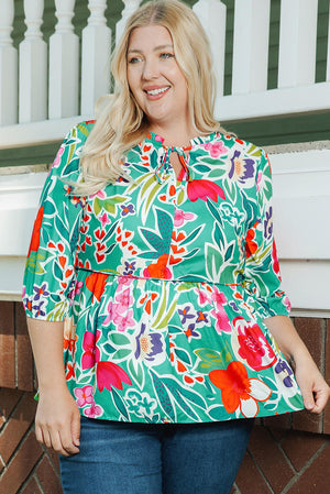 Floral Tie Split Neck Plus Size Blouse