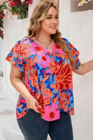 Abstract Floral Print V Neck Plus Blouse