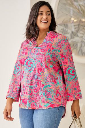 Plus Size Paisley Print V Neck Roll Tab Sleeve Blouse