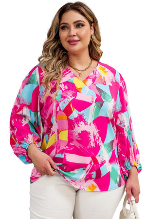 Plus Size Graffiti Print Puff Sleeve Blouse