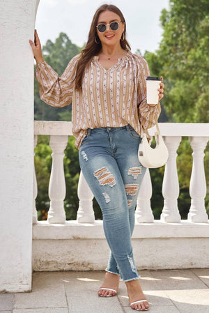 Plus Size Printed V-Neck Drawstring Blouse