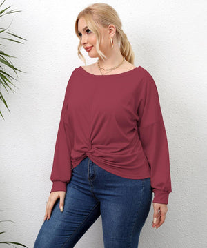 Plus Size Solid Round Neck Twisted Hem Long Sleeve T-Shirt