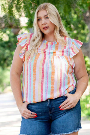 Multicolor Striped Frill Round Neck Ruffle Sleeve Blouse