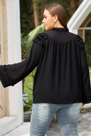 Tiered Ruffled Shoulder Buttoned Plus Size Blouse