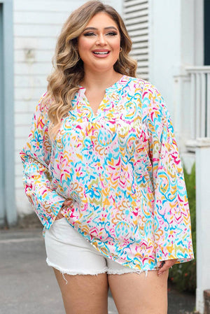 Plus Size Geometric Print Notched V-Neck Blouse