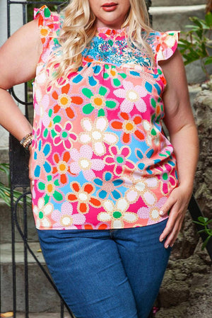 Plus Size Floral Embroidered Flutter Sleeve Tank Top