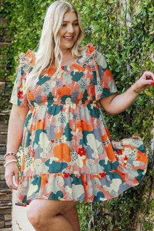 Plus Size Shirred Mixed Print Ruffle Dress