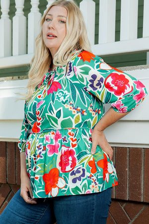 Floral Tie Split Neck Plus Size Blouse