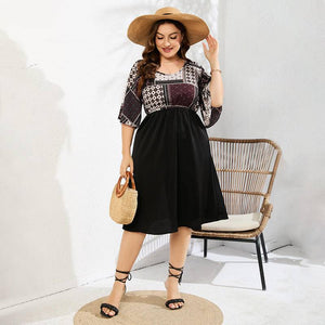 Plus Size Geomatric High Waist Gathering Dress