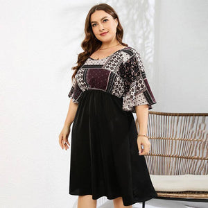 Plus Size Geomatric High Waist Gathering Dress