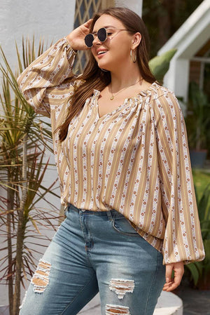 Plus Size Printed V-Neck Drawstring Blouse