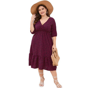 Plus Size Leopard V-neck Balloon Sleeve Dress