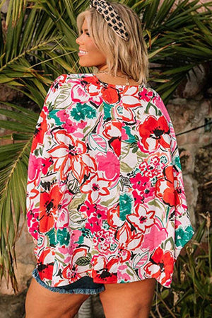 Plus Size V-neck Floral Print Batwing Sleeve Shirt