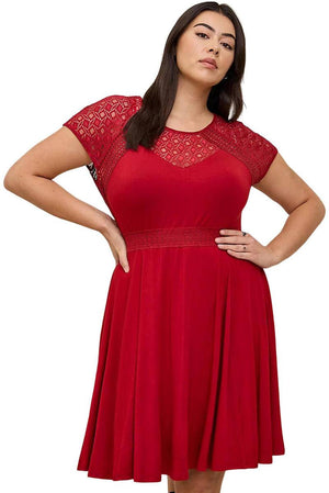 Plus Size Lace Yoke Splice Fit-And-Flare Curvy Dress