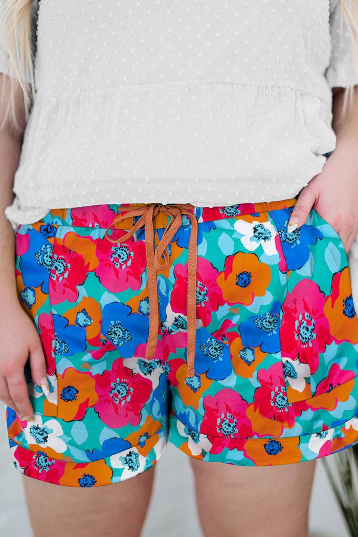 Plus Size Abstract Floral Print Drawstring Shorts