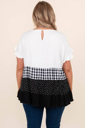 Plus Size Round Neck Plaid Dot Ruffled Top