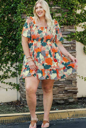 Plus Size Shirred Mixed Print Ruffle Dress