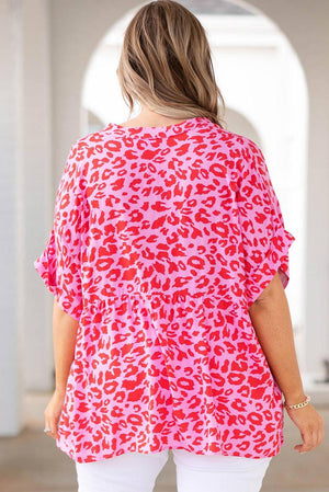 Leopard Print V Neck Half Sleeve Plus Size Blouse