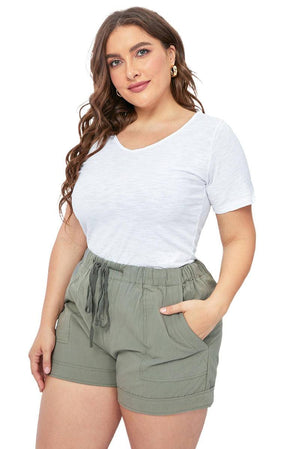 Solid Plus Size Elastic Waist Drawstring Pocket Shorts